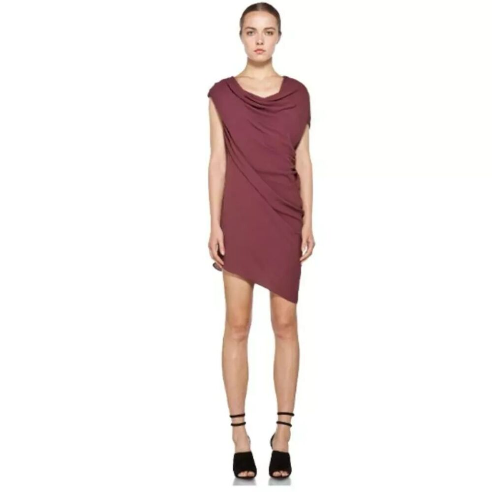 Helmut Lang Women's Dress Size 2 XS Maroon Burgundy Silk Asymmetrical Drape Mini